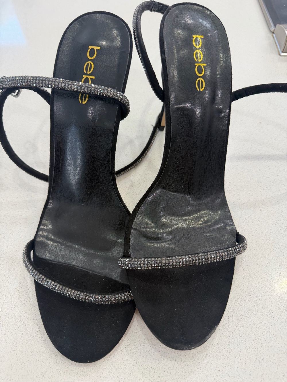 bebe Black Crystal-Strap Open-Toe Heeled Sandals